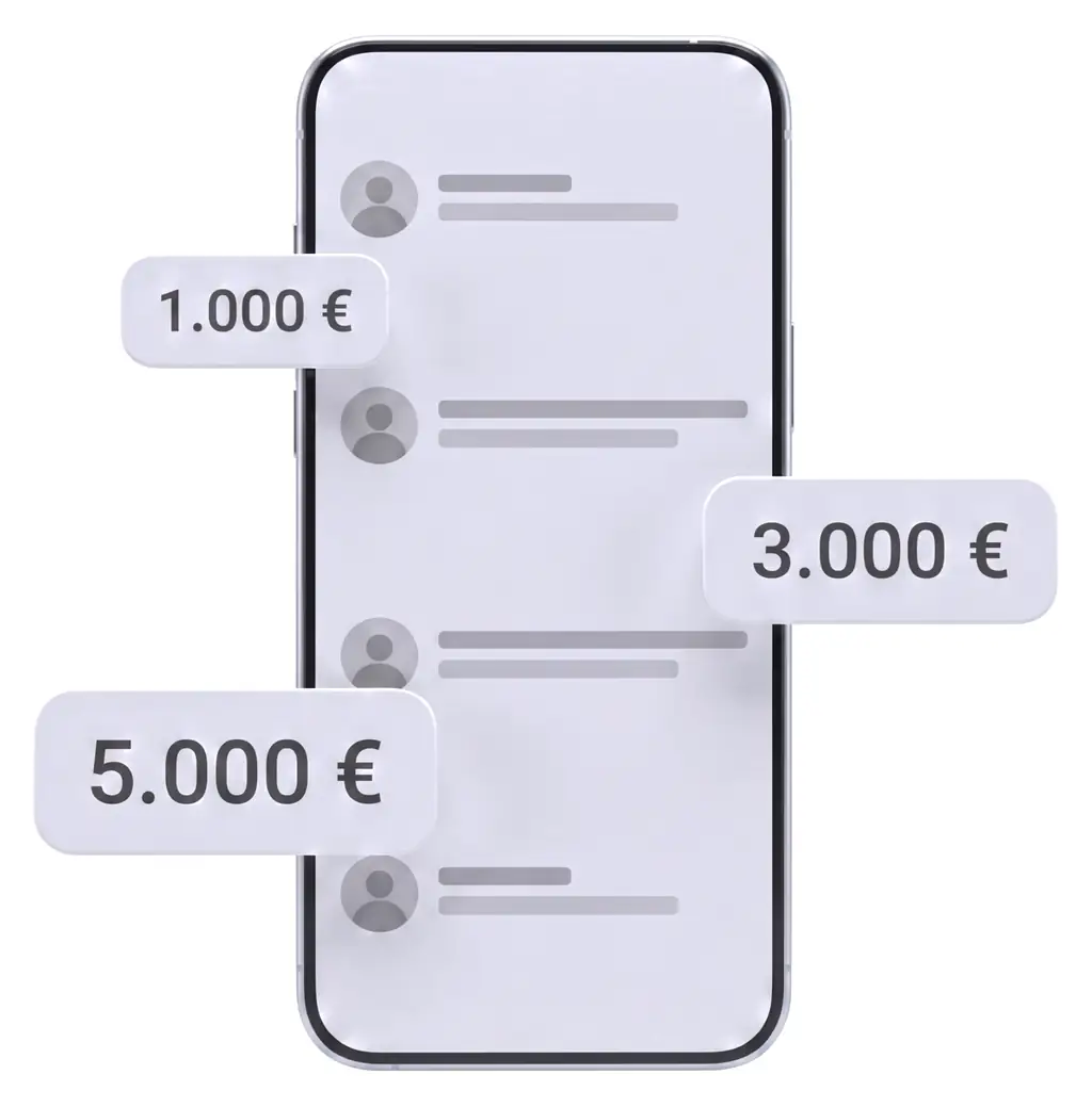 Dieselben Kontakte als Empfehlungsumsätze: 1.000 €, 3.000 €, 5.000 €