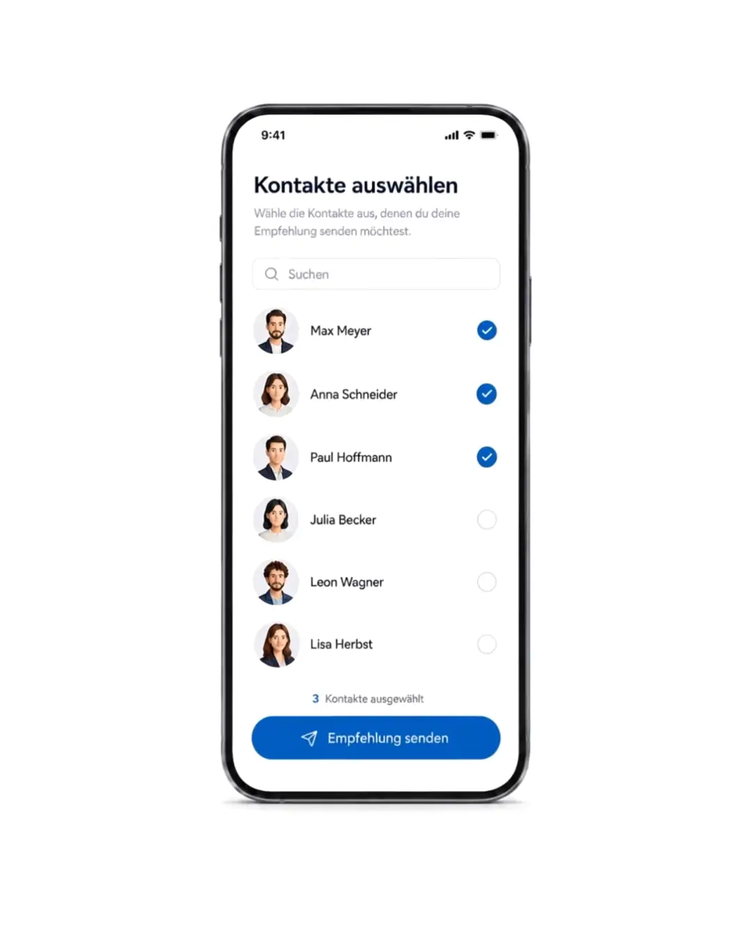 Kontaktauswahl auf dem Smartphone, Empfehlung wird gesendet
