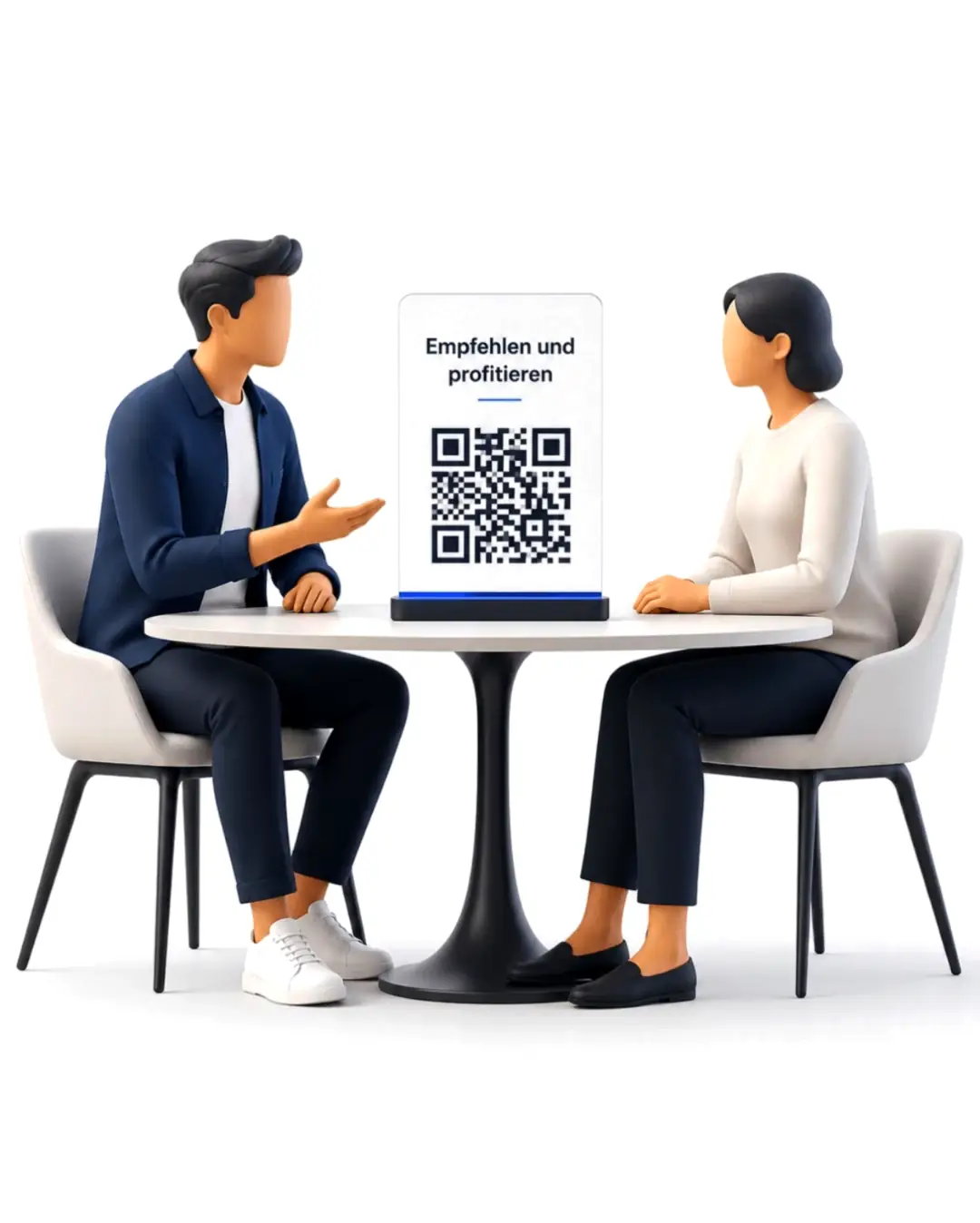 Beratungsgespräch am Tisch mit QR-Aufsteller „Empfehlen und profitieren"