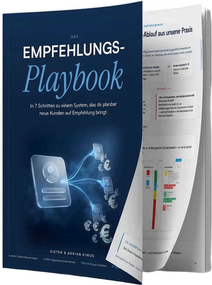 Das Empfehlungs-Playbook von Dieter & Adrian Kiwus — aufgeblättertes Mockup